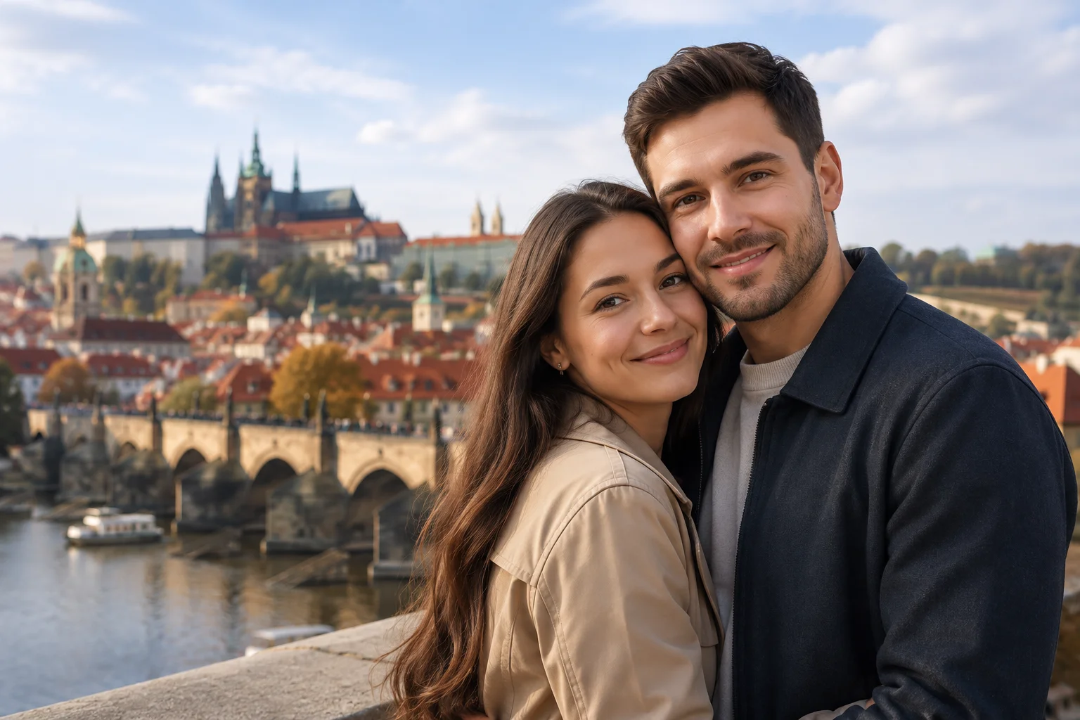 A man and woman walking together in Prague